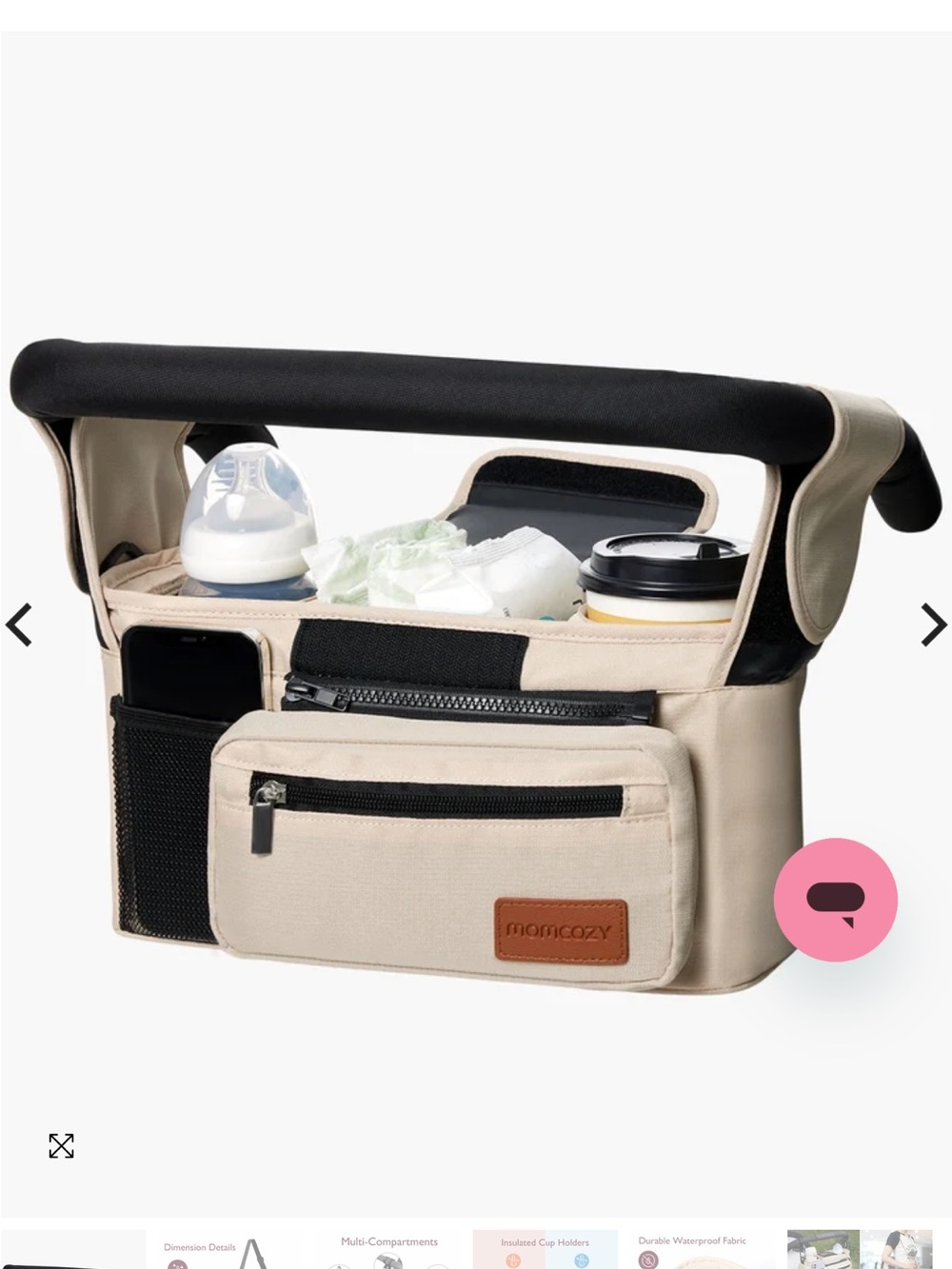 Momcozy Beige Stroller Organizer with Multiple Pockets and Insulated Holders